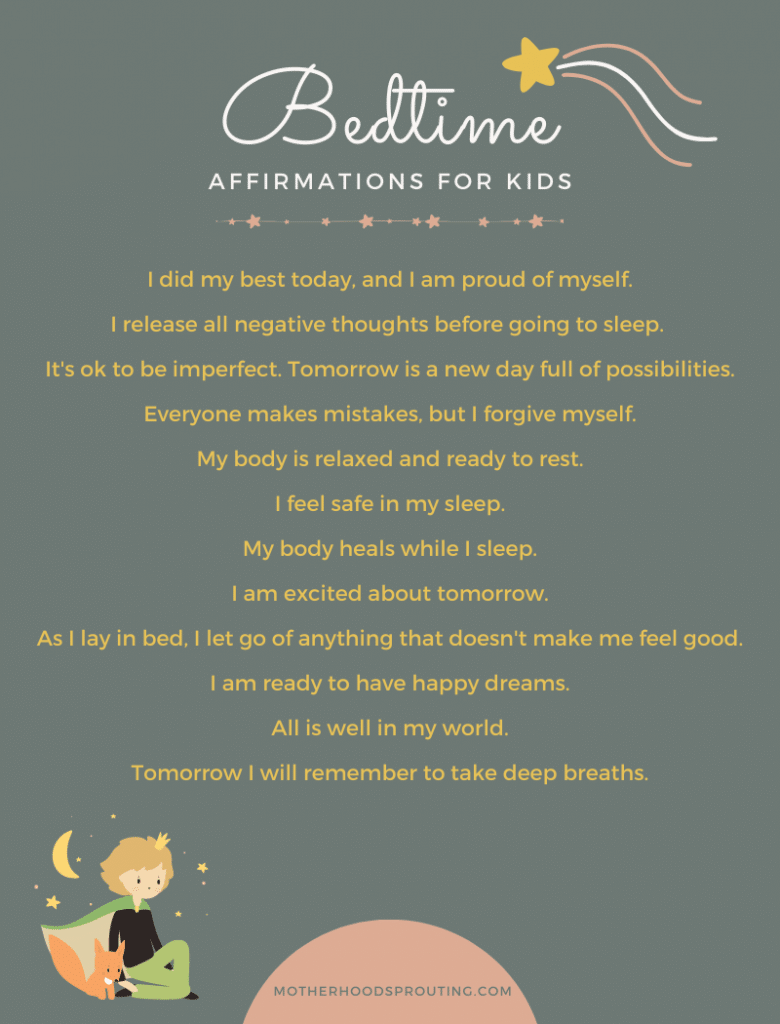 An infographic pinch a database of bedtime affirmations for kids.