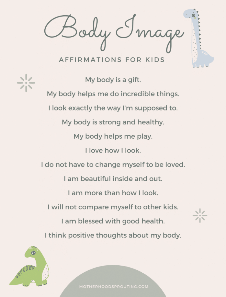 An infographic with a list of body image affirmations for kids.