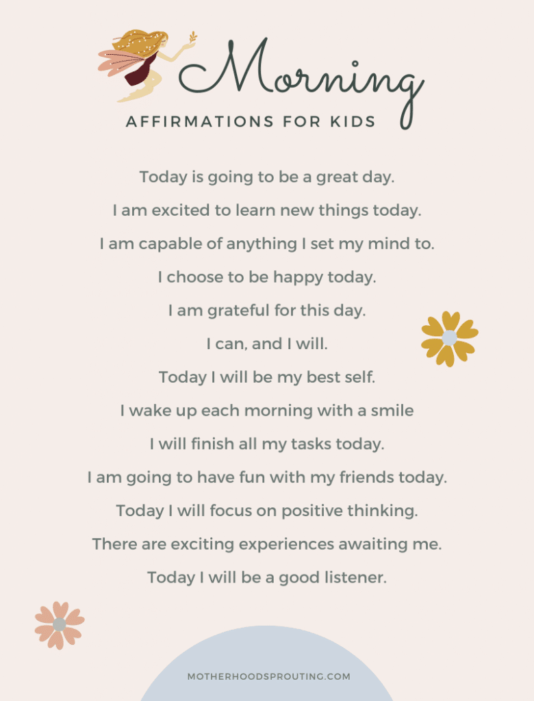 An infographic with a list of morning affirmations for kids.
