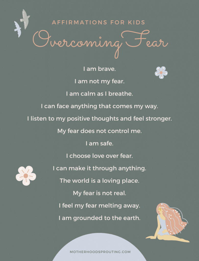 An infographic with a list of overcoming fear positive affirmations for kids.