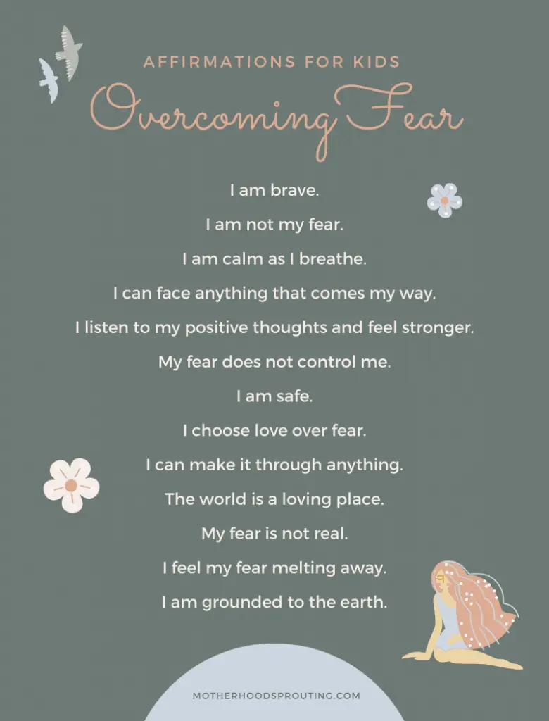 An infographic with a list of overcoming fear positive affirmations for kids.