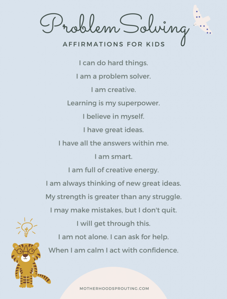 An infographic with a list of problem solving affirmations for kids.