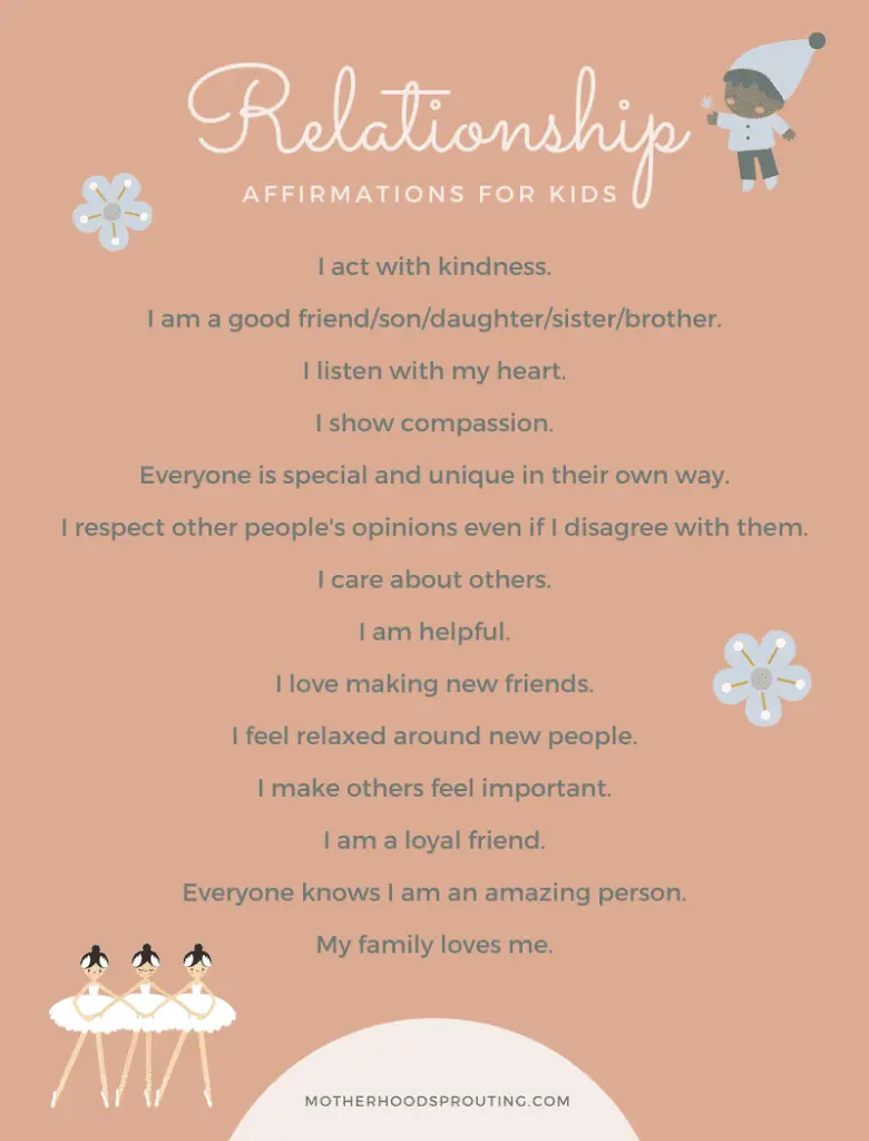 An infographic with a list of relationship affirmations for kids.