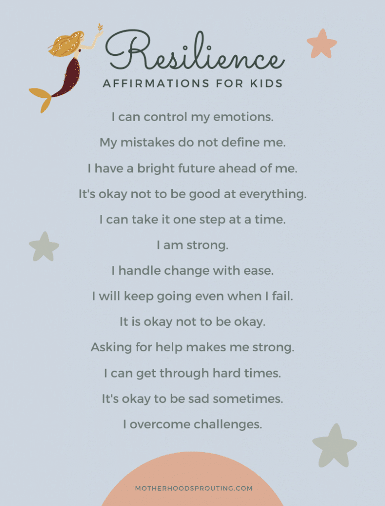 An infographic with a list of resilience affirmations for kids.