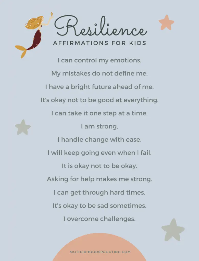 An infographic with a list of resilience affirmations for kids.