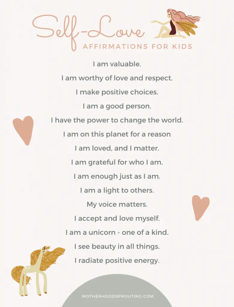 An infographic with a list of self-love affirmations for kids.